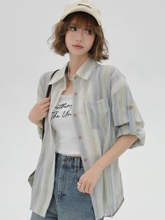 ❤︎Contrast color striped loose shirt❤︎ Loose Shirt, Striped Long Sleeve Shirt, Contrast Collar, Loose Shirts, Womens Long Sleeve Shirts, Color Stripes, Striped Long Sleeve, Jacket Tops, Contrasting Colors