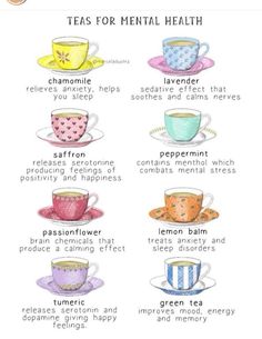 the teas for mental health poster with different types of cups and saucers on it