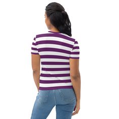 Elevate your casual style with our Purple and White Striped T-shirt for Women. Crafted from a luxurious blend of 95% polyester and 5% elastane, this tee offers supreme comfort and flexibility. Available in sizes XS to 2XL, it suits every body type. The four-way stretch fabric ensures a perfect fit, while the premium knit mid-weight jersey promises durability and style that lasts. Embrace the trendy stripes and experience the perfect balance of fashion and comfort in this versatile T-shirt. See m White Short Sleeve Tops With Signature Stripes, Cotton Tops With Signature Stripes, Fitted Cotton Tops With Signature Stripes, White Short Sleeve Tops With Vertical Stripes, White Tops With Vertical Stripes And Short Sleeves, Fitted Contrast Stripes Crew Neck Top, Fitted Striped Short Sleeve T-shirt, Vertical Striped Fitted Tops, Fitted Crew Neck Top With Contrast Stripes