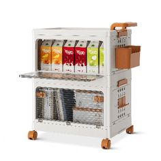 a cart with drinks and juices in it on wheels, the cart is made out of plastic