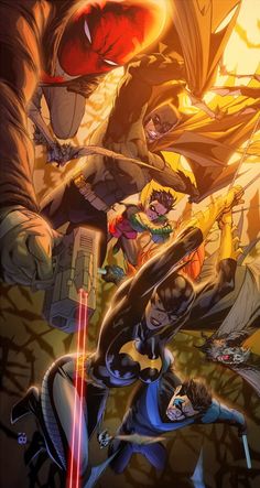 an image of batman and other characters from the comics, with one person holding a bat