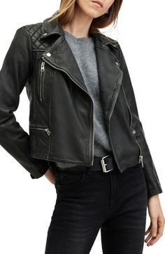 Inspired by vintage leather biker jackets, this version flaunts quilted shoulders and a lightly distressed finish to create a uniquely worn-in appearance. Front zip closure Notched lapels Zip cuffs Front zip pockets Leather Professional leather clean Imported Black Moto Jacket, Womens Biker Jacket, Biker Jackets, Biker Leather, Trendy Prints, Lady Biker, Genuine Leather Jackets, Leather Biker Jacket, Biker Style