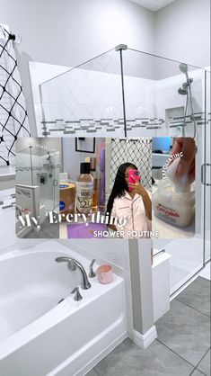 a woman is standing in front of a bathtub