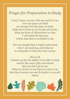 a prayer card with leaves and the words prayer for preparation to study