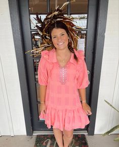 The perfect pop of color for all year round! Use code PINTEREST10 and save 10%!! Button-up Mini Dress With Ruffles For Daywear, Casual V-neck Fringe Dresses, Spring Smock Mini Dress With V-neck, Summer V-neck Mini Dress With Fringe, Ruffled Button-up Cotton Mini Dress, Short Puff Sleeve, Summer Fits, Ruffle Hem, Lace Detail