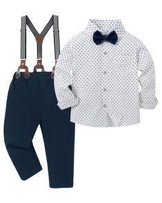 PRICES MAY VARY. √Package Include: 1x Dress shirt with bow-tie + 1x Detachable Suspender pants. √High-Quality Material: Boys Suits is made of high quality cotton blend, soft, comfortable and breathable. √Practical Design: Boys clothes is designed for the little gentleman, boys dress shirt can match with vest, jacket, suit or Tuxedo which makes your boys handsome and gentlemen. With detachable bow tie and back strap can add more event atmosphere, you can match your boy with the most shining effec Fitted White Sets With Bow Tie, White Fitted Sets With Bow Tie, Classic White Sets With Bow Tie, Toddler Wedding Outfit Boy, Baby Boy Dress Clothes, Suspenders Pants, Outfits For Wedding, Wedding Outfit For Boys, Toddler Suits