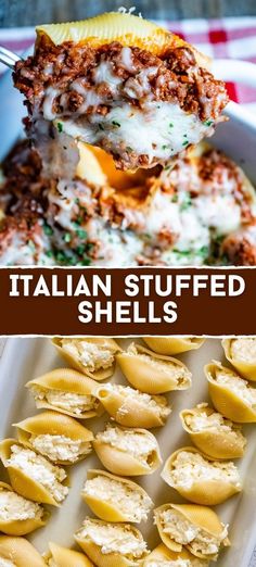 an image of italian stuffed shells with text overlay