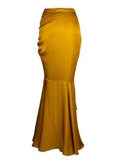 This marigold muse ruched skirt with layered ruffle hem is generously dipped in mustard gold hue. This skirt exudes summer sensuality as the tiers of softly draped satin flow with ease on the body. The playful adjustable drawstring details further accentuate the curves and truly celebrate femininity. Elegant Ruched Silk Skirt, Elegant Silk Skirt With Ruched Detail, Fitted Maxi Skirt With Folds For Evening, Party Satin Skirt With Folds, Elegant Ruched Flared Skirt, Fitted Party Maxi Skirt With Folds, Elegant Flared Skirt With Ruched Detail, Fitted Maxi Skirt With Folds For Party, Chic Yellow Evening Skirt