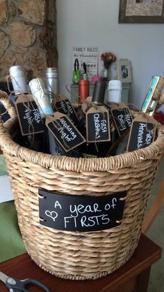 a basket filled with lots of items on top of a table