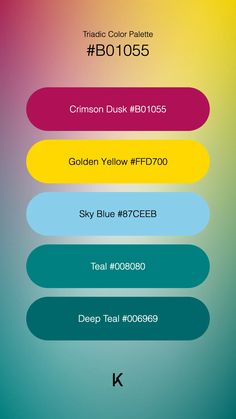 Triadic Color Palette Crimson Dusk #B01055 · Golden Yellow #FFD700 · Sky Blue #87CEEB · Teal #008080 · Deep Teal #006969 Deep Teal, Deep Red, Sky Blue, Blue Sky