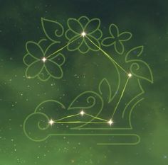 the zodiac sign virgo is drawn in green and white with small stars on it