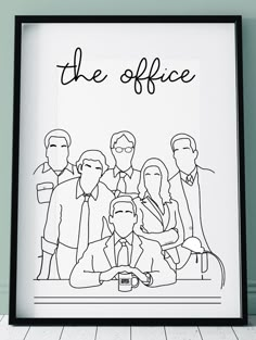 a black and white poster with the words the office on it in front of a group of people