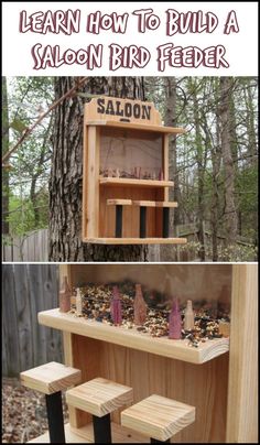 an outdoor bird feeder made out of wood with the words learn how to build a saloon bird feeder