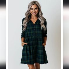 Nwt Flowy Navy And Green Plaid Tunic Dress With Pockets! Size Large. See Pics For Measurements. 100%Cotton. Check Out My Closet And Bundle With Other Items To Save On Shipping! Smoke/Pet Free Home. Green Button-up Winter Dress, Green Mini Dress For Fall Daywear, Casual Plaid Dress With Buttons, Casual Plaid Button-up Dress, February Outfits, Plaid Tunic Dress, Plaid Tunic, Green Plaid, Dress With Pockets