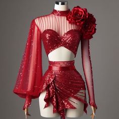 Salsa Style Dress, Red Stage Outfits, Stage Costume Design, Ballroom Dance Outfits, Alia Cut, Samba Dress, I Hate It Here, Dancesport Dresses, Salsa Dress