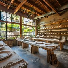 a room filled with lots of plates and bowls on top of wooden shelves next to large windows