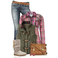 📌Jeans, Karohemd grün /rosa, Wildlederstiefel, warme grüne Jacke Spring Outfit Women, Komplette Outfits, Polyvore Outfits, Cute Fashion, Plaid Shirt, Autumn Winter Fashion, Tartan