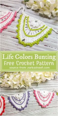 three crocheted buntings with the words, free crochet pattern