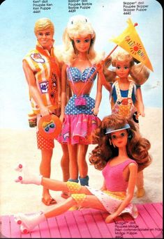 three barbie dolls standing next to each other in front of a beach scene with the caption's name