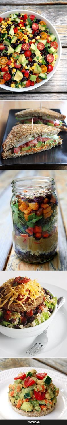 four different views of a dish with vegetables in it and on the bottom, there is a serving platter full of food