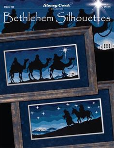 two framed pictures with the silhouettes of three people riding on horses and holding a star