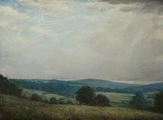 an oil painting of a hilly landscape with clouds in the sky and trees to the side