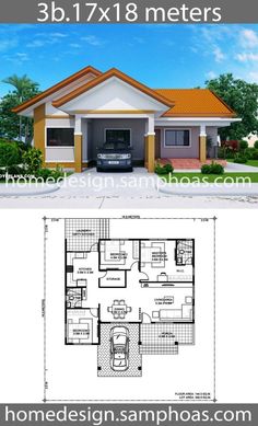 two story house plan with 3 beds and 2 bathrooms in the front, an open living area