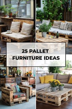 25 creative pallet furniture ideas, featuring cozy sofas and tables made from wooden pallets, adorned with plants and cushions. Diy Projects Using Pallets, Pallet End Tables, Pallet Bed Frame Diy, Pallet Bed Frames, Pallet Furniture Ideas, Outdoor Pallet Projects, Palette Furniture, Pallet Dining Table, Pallet Cushions