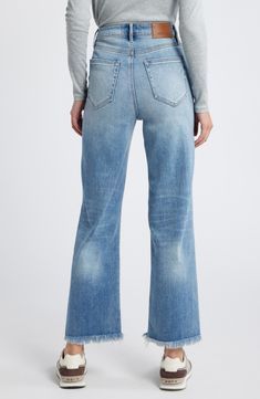 Add a '90s vibe to your denim mix with this roomy pair of stretch-denim jeans styled with a relaxed fit, ripped knees and raw hems for the ultimate throwback look. 28" inseam; 11" front rise Zip fly with button closure Five-pocket style 93% cotton, 5% polyester, 2% spandex Machine wash, tumble dry Imported Faded Ripped Everyday Bottoms, Everyday Faded Ripped Bottoms, Ripped Light Wash Flare Jeans In Rigid Denim, Ripped Light Wash Rigid Denim Flare Jeans, Everyday Distressed Denim Flare Jeans, Distressed Recycled Denim Jeans For Fall, Medium Wash Ripped Flare Jeans In Rigid Denim, Distressed Straight Leg Flare Jeans In Recycled Denim, Relaxed Fit Denim Flare Jeans With Standard Cut Leg