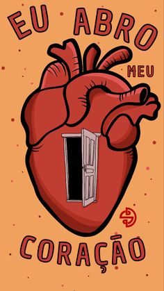 a red heart with an open door in the middle and spanish words above it that read eu abro meu coracao