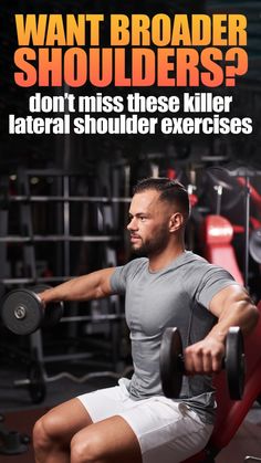 a man sitting on top of a bench with a barbell in his hand and the words, want broader shoulders? don't miss these killer natural shoulder exercises