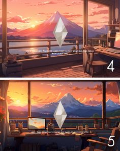 two screens show the same view from different rooms, each with mountains in the background