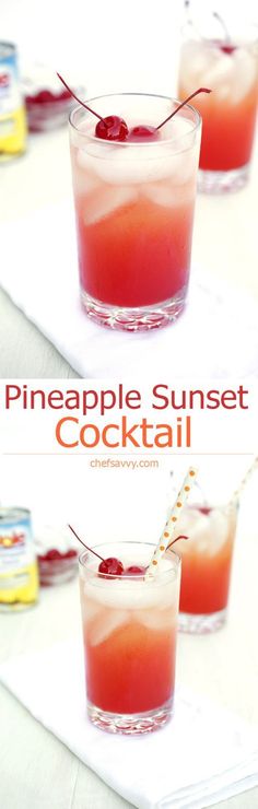 pineapple sunset cocktail in small glasses with garnishes on the rims