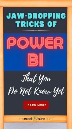 a sign with the words power bi in red, white and blue on it that says law - dropping tricks of power bi