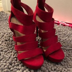 Never Worn. Red Synthetic Heels With 4-inch Heel, Red Wedge Heels With 4-inch Heel, Red Wedge Heels For Party, Red Heels, Shoes Women Heels, Shoes Heels, Size 6, Women Shoes, Heels