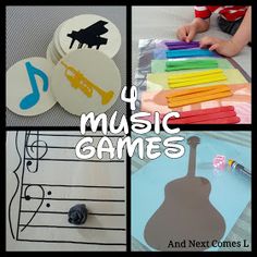 four different pictures with the words music games and images of musical instruments, trebles, and notes