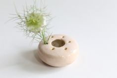 a small white vase with a plant in it