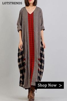 Different Colored Plaid Retro Cotton Linen Dress Spring V-neck Patchwork Maxi Dress, Plaid Cotton V-neck Dress, Cotton V-neck Shift Maxi Dress, Cotton Shift Dress With V-neck, Spring V-neck Maxi Dress With Patchwork, Cotton Long Sleeve Shift Maxi Dress, Cotton Shift Maxi Dress With Long Sleeves, Fall Season V-neck Patchwork Maxi Dress, Casual Cotton Maxi Dress With Patchwork