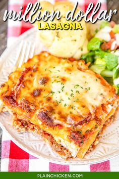 lasagna on a plate with a fork and salad in the background text reads million dollar lasagna