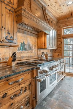 a kitchen with wooden cabinets and granite counter tops, along with an oven in the center