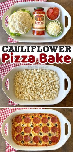 two servings of pizza and rice on a table with the words cauliflower pizza bake