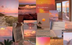 a collage of photos with the words, beach scenes and sunsets in them