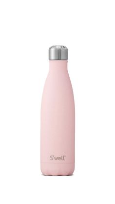 the swell water bottle is pink and has a stainless steel lid, it's made from