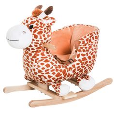 a stuffed giraffe sitting on top of a wooden rocking animal toy with an attached seat