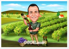 a caricature of a man holding a bottle of wine in front of a vineyard