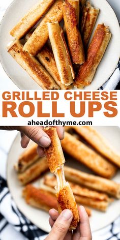 grilled cheese roll ups on a white plate with text overlay that reads grilled cheese roll ups