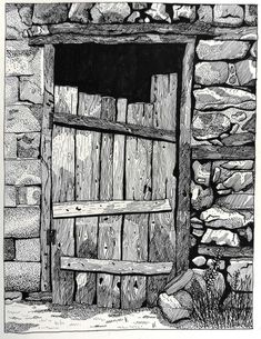 a black and white drawing of an old wooden door in a stone wall with rocks