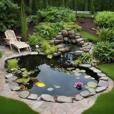 a small pond in the middle of a garden with rocks and water lilies on it