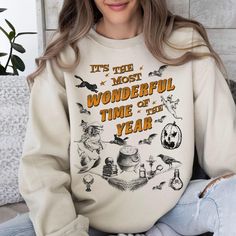 Our halloween sweatshirt is the perfect wear for the fall season and the Halloween party! -These sweatshirts are Unisex Adult Sizing (not women's fitted sweatshirt ). If you're going for a more fitted look, we suggest to size down.Please use the measurements chart in the pictures section to determine your correct size. -Props used In photos  are NOT included with purchase. -Care Instructions: Wash inside out in cold water, gentle cycle, tumble dry low or let air dry. Do not iron on design. If you have any questions, please contact me and I will be happy to answer. Please note that due to lighting effects, monitor's brightness, contrast and other settings, there might be some slight differences in the color tone/shade of the website's photo and the actual item. Thank you for visiting! Funny Long Sleeve Tops For Fall, Novelty Letter Print Tops For Fall, Fall Novelty Crew Neck Tops, Funny Long Sleeve Sweatshirt For Fall, Funny Crew Neck Sweater For Fall, Funny Long Sleeve T-shirt For Fall, Casual Halloween Crew Neck Sweatshirt, Funny Crew Neck Sweatshirt For Halloween, Fall Cartoon Print Crew Neck Sweatshirt