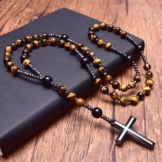 Natural Obsidian Tiger's Eye Stone Beaded Hematite Stone Cross Pendant Necklace Size: About 32 Inch Mens Rosary, Masculine Jewelry, Rosary Jewelry, Mens Beaded Necklaces, Stone Cross, Hematite Stone, Rosary Catholic, Tiger Eye Beads, Tiger Eye Stone